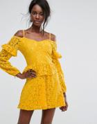 Missguided Cold Shoulder Ruffle Lace Dress - Yellow
