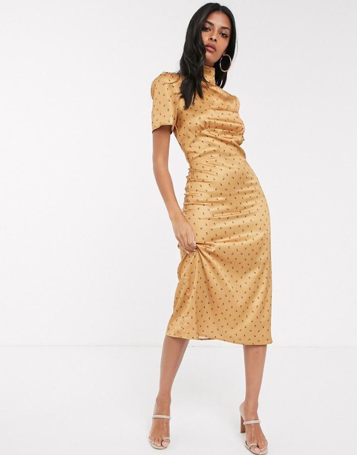 Fashion Union High Neck Tea Dress With Balloon Sleeve In Yellow Floral Satin
