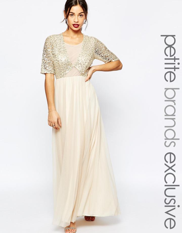 John Zack Petite Embellished Bodice Maxi Dress With Tulle Skirt - Cream