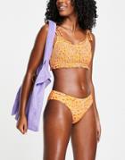 Vero Moda Shirred Bikini Top In Orange & Lilac Print-multi
