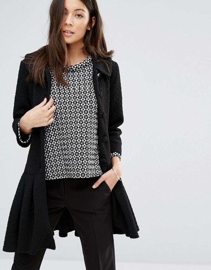 Unique 21 Button Front Coat With Pep Hem - Black