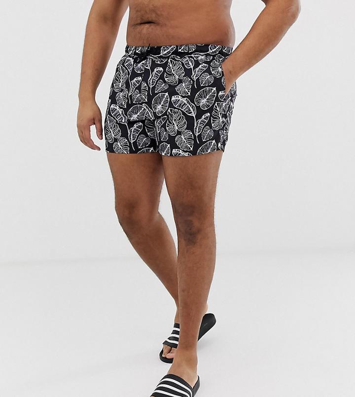 Asos Design Plus Swim Shorts In Palm Print In Short Length-black