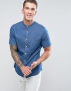 Asos Stretch Slim Denim Shirt With Grandad Collar In Mid Wash - Blue