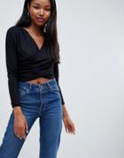 Asos Design Crop Wrap Top - Black