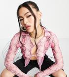 Missguided Button Front Crop Top In Pink Snake - Part Of A Set