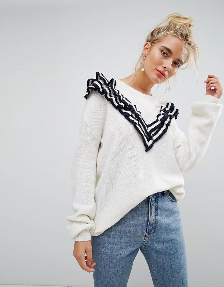 Willow And Paige Oversized Sweater With Tipped Ruffle Trim - White