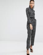 Parallel Lines Collared Jumpsuit With Tie Waist In Stripe - Black