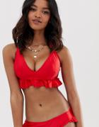 Asos Design Fuller Bust Textured Frill Crop Bikini Top In Red Dd- G