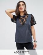 Asos Petite T-shirt With Ravage Lace Detail - Gray