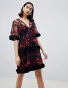 Lost Ink Embroidered Mini Smock Dress With Faux Fur Trims - Black