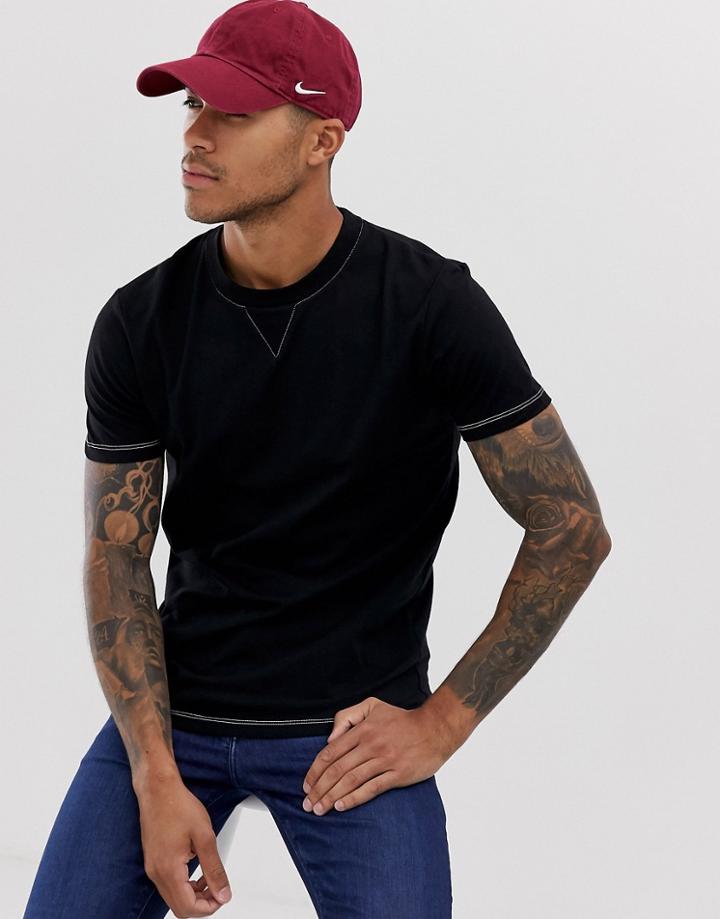 Asos Design T-shirt With Contrast Stitching In Black - Black