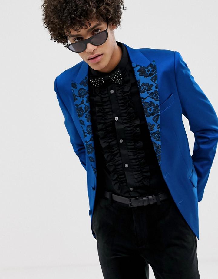 Asos Design Skinny Blazer In Blue Satin With Jacquard Lapel