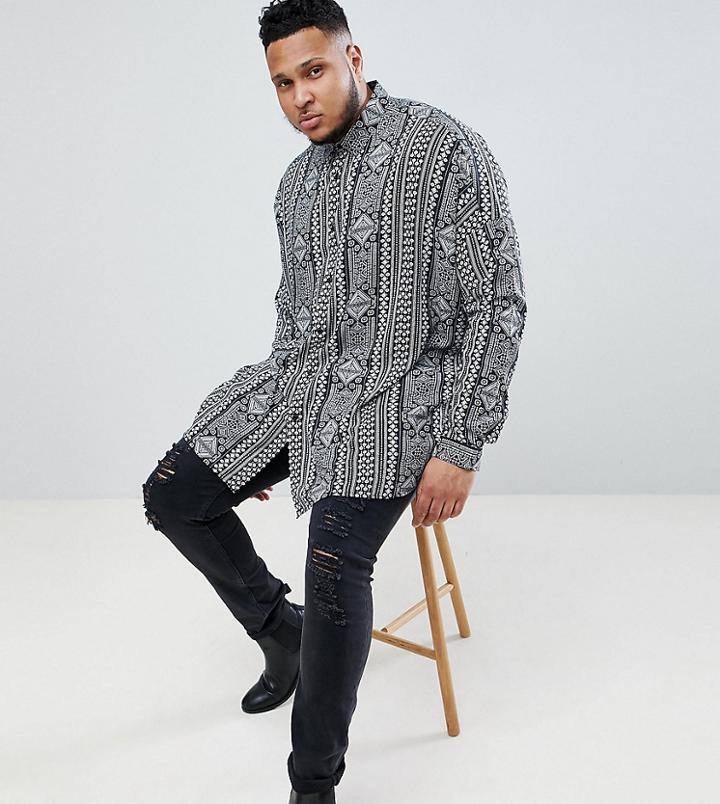 Asos Design Plus Oversized Drop Shoulder Longling Paisley Print Shirt In Viscose - Black