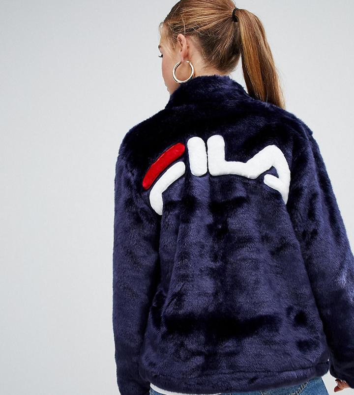Fila Jacket With Contrast Pockets And Logo Back In Faux Fur - Navy