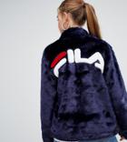 Fila Jacket With Contrast Pockets And Logo Back In Faux Fur - Navy