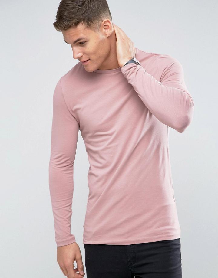 Asos Longline Long Sleeve Muscle Fit T-shirt In Pink - Pink