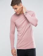 Asos Longline Long Sleeve Muscle Fit T-shirt In Pink - Pink