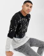 Asos Design Relaxed Longline Long Sleeve T-shirt With Dip Dye And Splatter Grungey Wash - Black