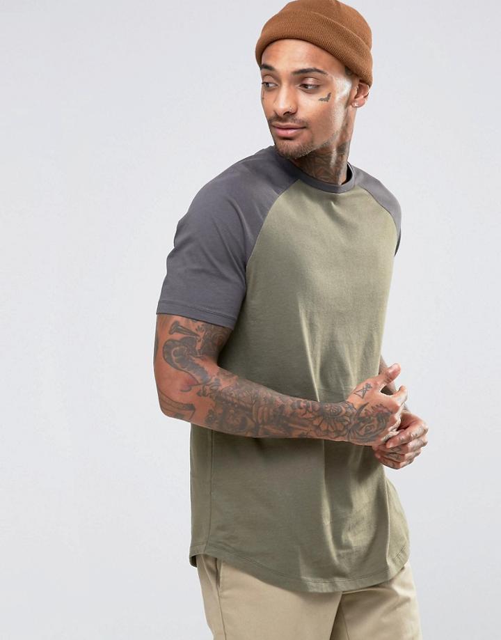 Asos Longline T-shirt With Contrast Raglan Sleeves And Curved Hem In G