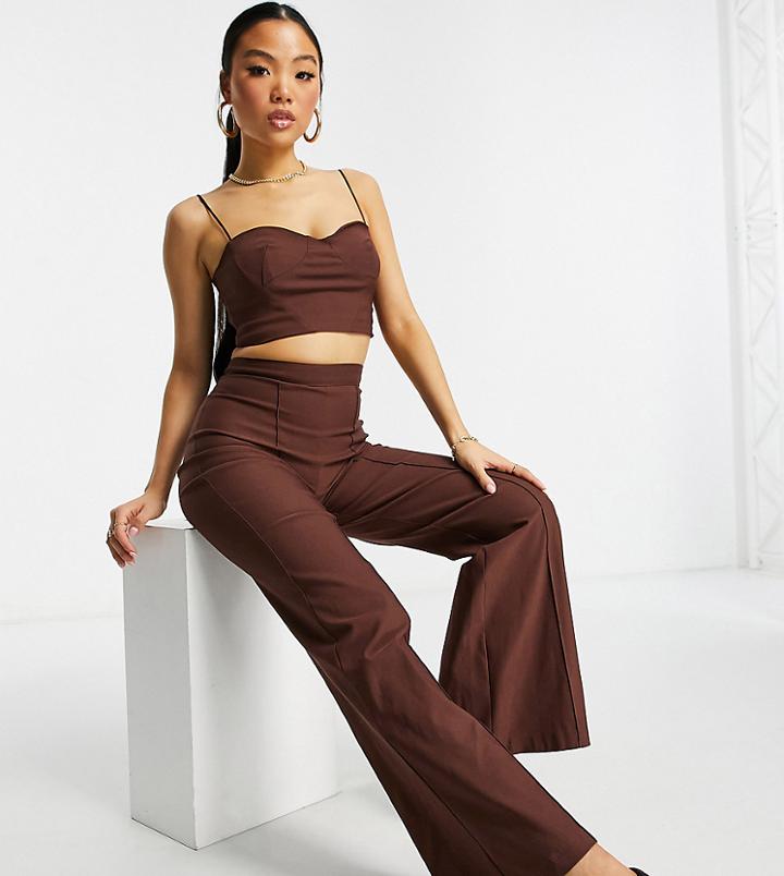 Vesper Petite Wide Leg Pants With Seam Detail Set In Brown