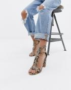 Simmi London Snake Print Zip Up Detail Block Heel Sandals - Beige