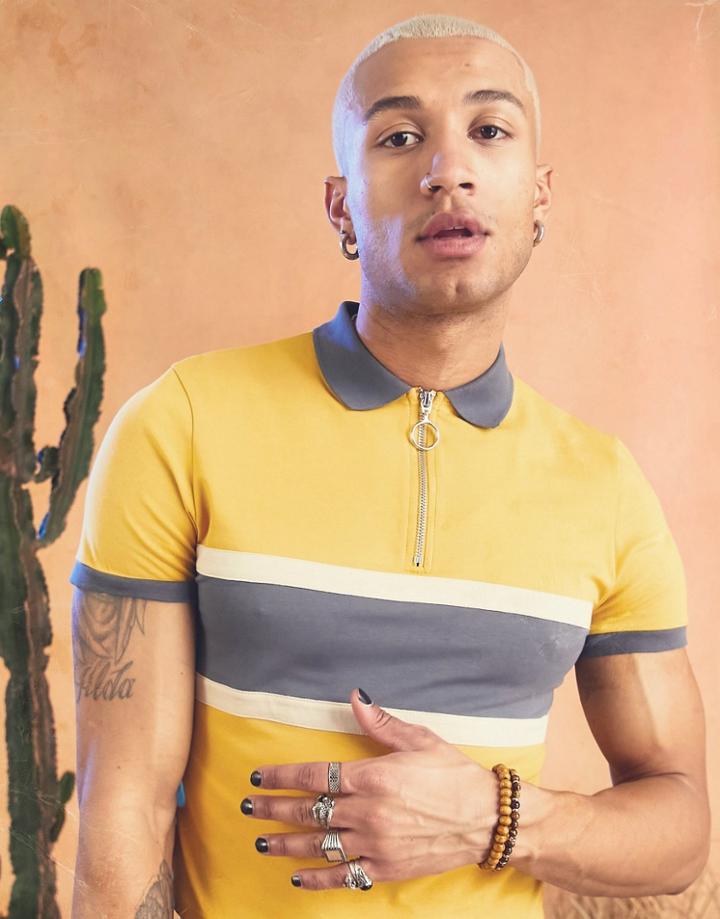 Asos Design Slim Shrunken Fit Polo T-shirt In Yellow With Zip