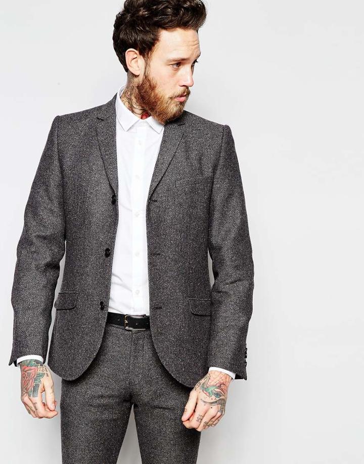 Heart & Dagger Herringbone 3 Button Blazer In Skinny Fit - Gray
