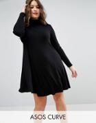 Asos Curve Swing Dress In Rib With Long Sleeve - Black