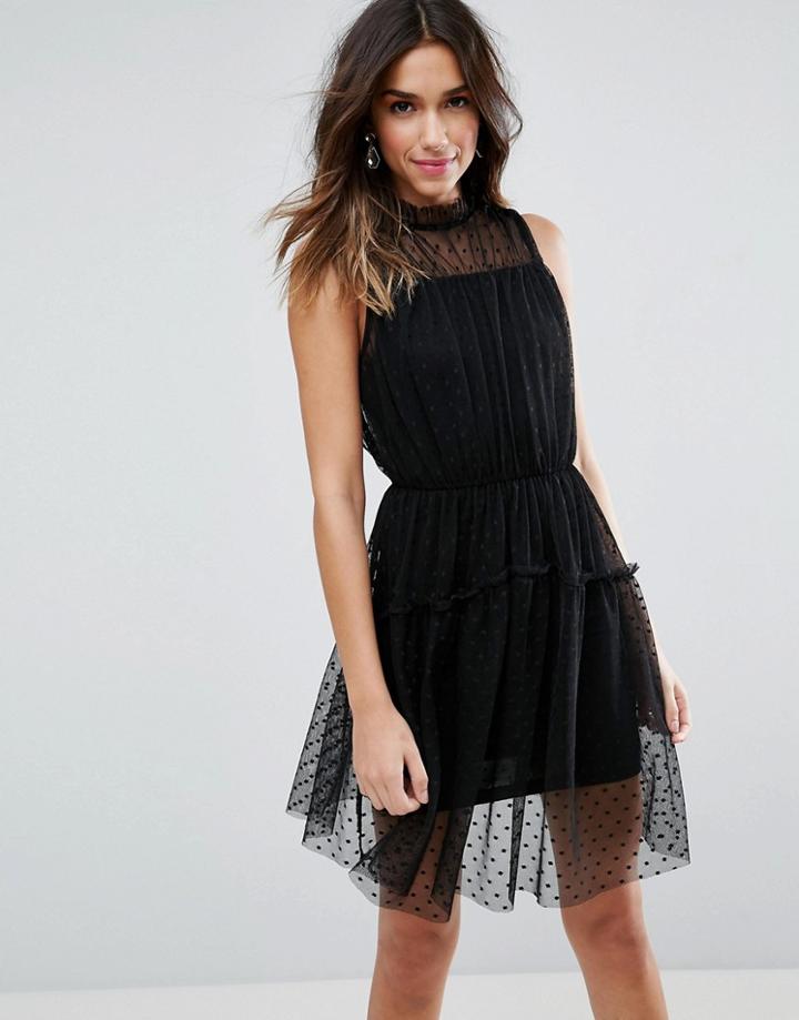 Asos Dobby Skater Mini Dress With Strap Back - Black