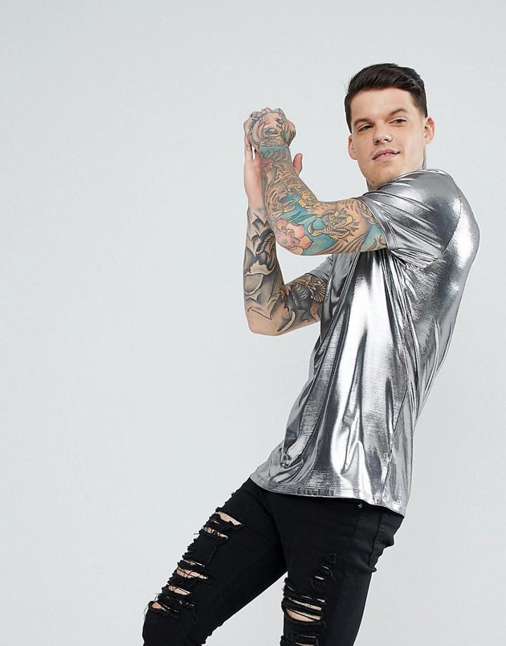 Asos T-shirt In Liquid Metallic Silver - Silver