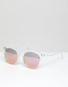 Asos Design Round Sunglasses In Crystal With Pink Mirrored Lens - Clear