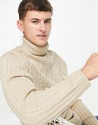 Asos Design Cable Knit Roll Neck Sweater In Beige-neutral