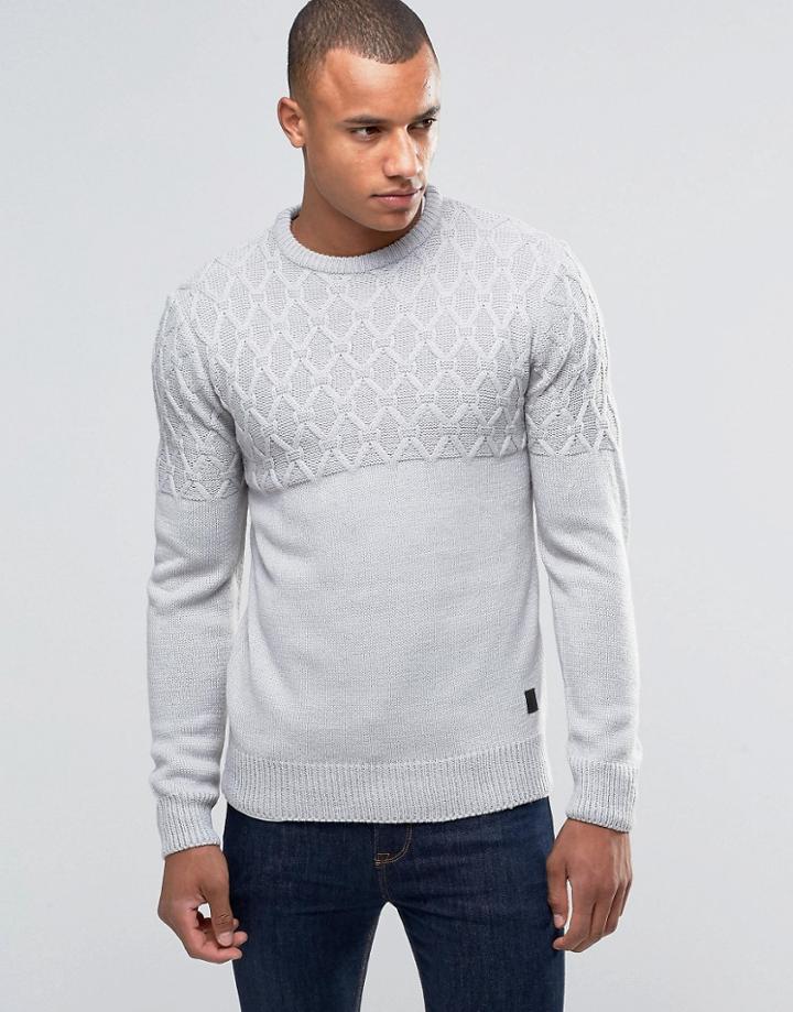 Brave Soul Diamond Jacquard Panel Sweater - Gray
