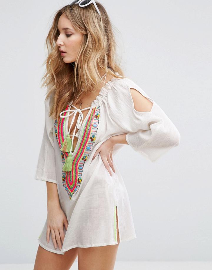 Liquorish Embellished Beach Dress - White