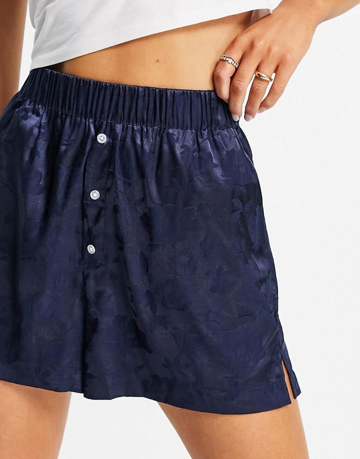 Asos Design Satin Jacquard Boxer Short In Navy