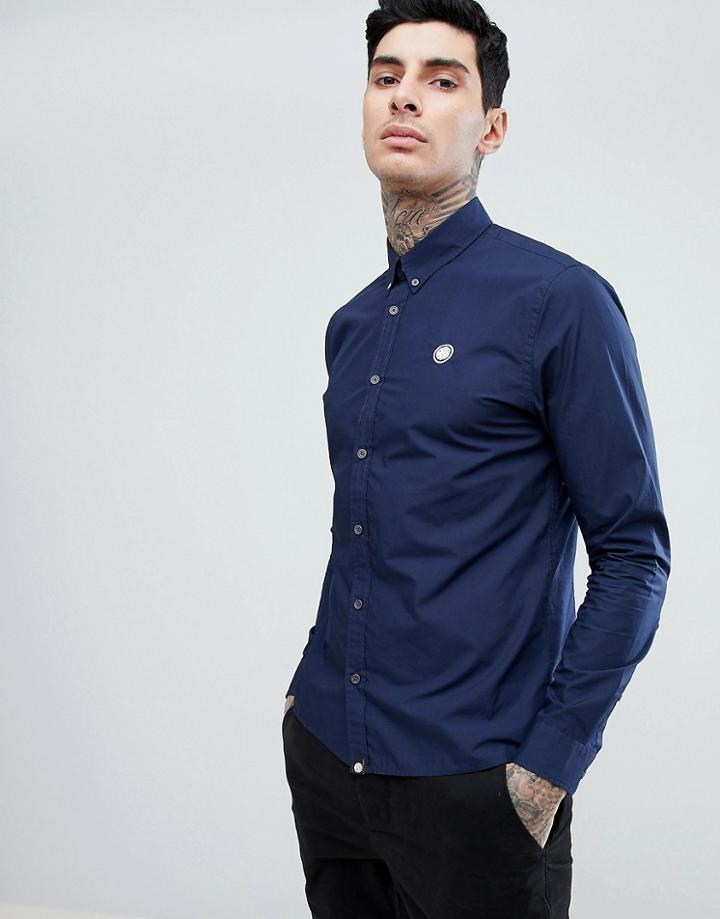 Pretty Green Slim Fit Vectis Logo Poplin Shirt In Navy - Navy