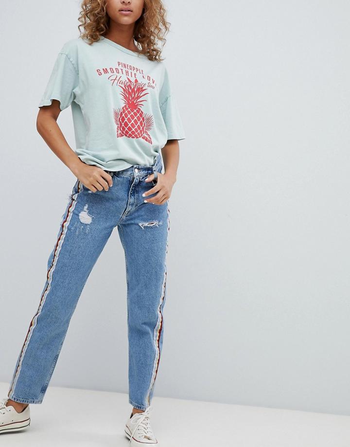 Pull & Bear Rainbow Side Stripe Jeans In Blue - Blue