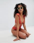 Asos Design Cut Out Frill Shoulder Swimsuit In Rust - Brown