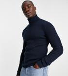 Brave Soul Tall Cotton Ribbed Roll Neck Sweater In Navy