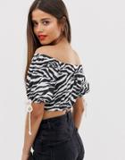 Asos Design Off Shoulder Top In Zebra With Rope Trim-black