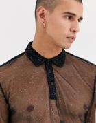 Asos Design Long Sleeve Polo Shirt In Sparkly Mesh In Black