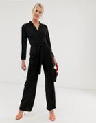Asos Design Long Sleeve Tux Jumpsuit With Pocket Detail - Black