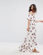 Prettylittlething Bardot Floral Print Maxi Dress - White