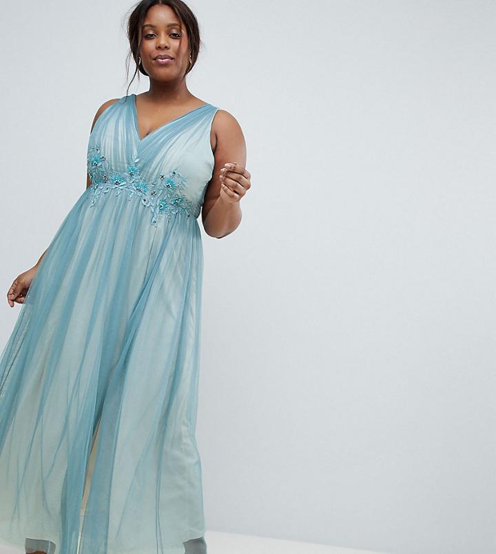 Little Mistress Plus Full Tulle Maxi Dress With Embroidery - Blue