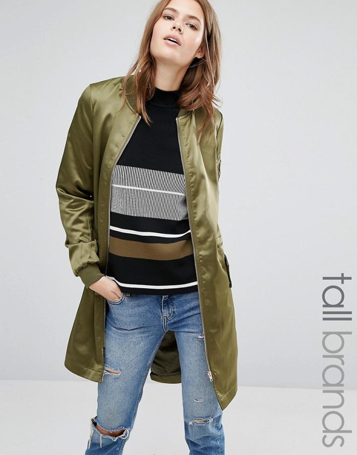 Vero Moda Tall Satin Longline Bomber Jacket - Green