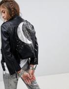 Native Rose Faux Leather Biker Jacket With Celestial Back Panel - Black