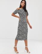 Asos Design Pleated Shoulder Midi Pencil Dress In Black And White Polka Dot-multi