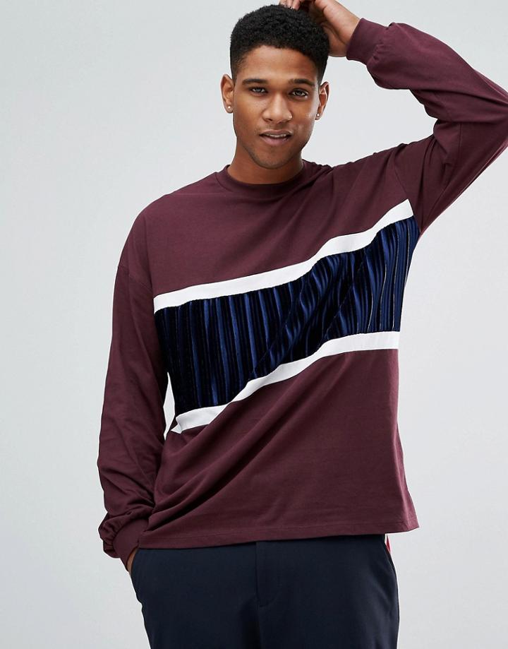 Asos Oversized Long Sleeve T-shirt With Bellow Sleeve And Velour Panel In Burgundy - Red