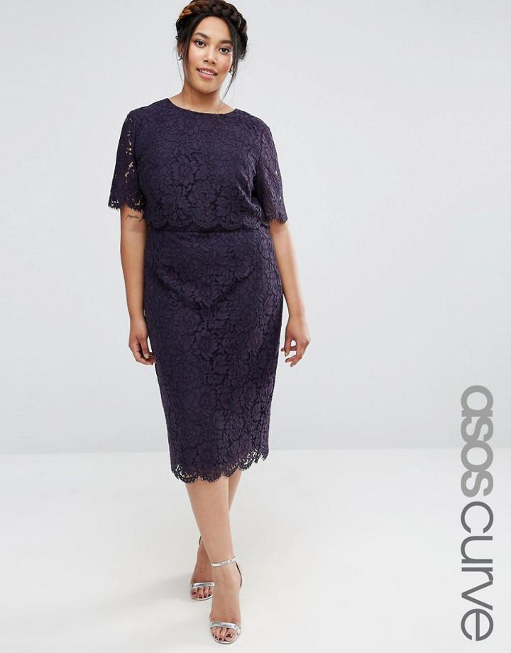 Asos Curve Lace Crop Top Midi Pencil Dress - Navy