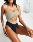 River Island One Shoulder Elastic Cut Out Swimsuit In Black